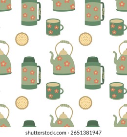 Tea time Seamless pattern. Thermos, teapot, mug and cookies. Retro tea elements pattern 