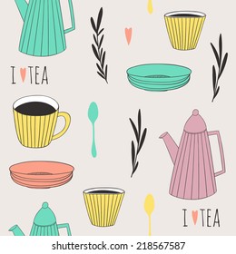 Tea time seamless pattern. Vector colorful illustrated background for tea lovers. Good for kitchen and cafe decoration. Cropped with clipping mask