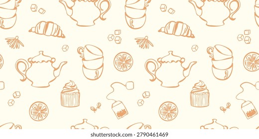 Tea time seamless pattern vector illustration. Hand drawn teapot, cups, cupcake, croissant and lemon in monochrome doodle sketch. Cute cozy breakfast background for fabric, wallpaper, cafe.