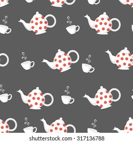 Tea time. Seamless pattern vector illustration of white teapot with re dots and tea cup. On the black background.