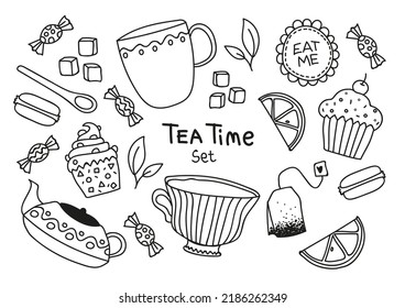 Tea time set black line vector. Mug, sweets, cupcake, lemon, tea bag.Ideal for packaging, gift decoration, children's art, coloring book, wallpaper