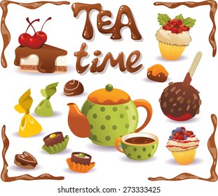 Tea Time set. Cakes and other sweet food, isolated on white background.