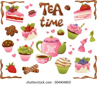 Tea Time set. Cakes and other sweet food, isolated on white background