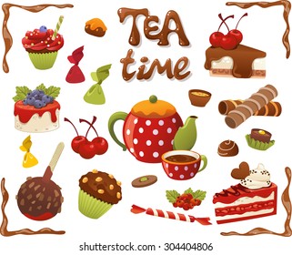 Tea Time set. Cakes and other sweet food, isolated on white background