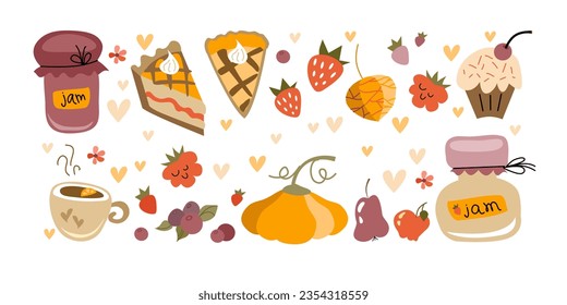 Tea time set cartoon. Vector illustration collection in the flat design. Images of various jam, cups tea as well as pastries and dessert.