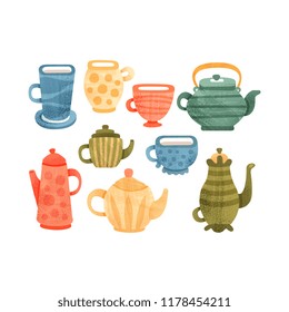 Tea time set, collection of cups, mugs, coffee and teapots vector Illustrations on a white background