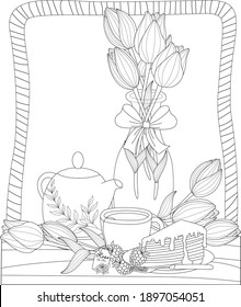 Tea time set coloring for adults with lily flowers cake tea pot black and white illustration outline vector