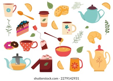Tea time set concept in the flat cartoon design. Images of various teapots, cups and glasses for tea as well as pastries and dessert. Vector illustration.