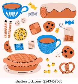 Tea time set concept in the flat cartoon design. Images of various cups and glasses for tea as well as cookies and dessert. Vector illustration.