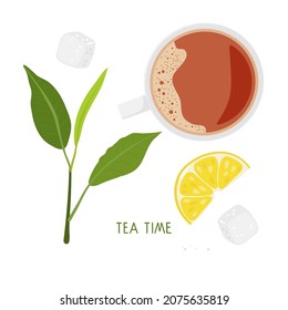 Tea Time set. Cup of tea, leaves, lemon slice, sugar cubes. Hot drink flat vector illustration on white background for print, congratulation, invitation, party decor, cafe menu. International Tea Day.