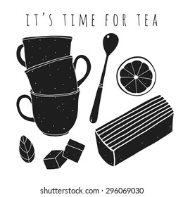 Tea time set. Cute vector elements. Hand drawn flat illustration for kitchen and cafe stuff 