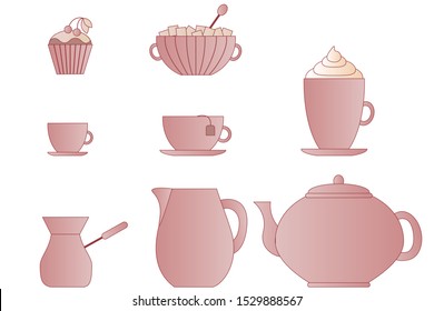 Tea time set with different dishes. Vector illustration of elements for tea party set