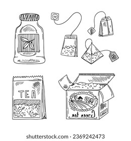 Tea time set with dishes. Hand-drawn vector set in sketch style.
