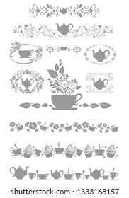 Tea time. Set Emblems. Collection of design elements isolated on White background. Cup of Fresh tea. Flat Style. Decorative Design for Cafeteria, Posters, Banners, Cards. Vector 