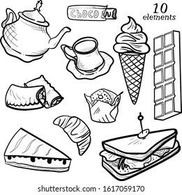 Tea time set with hand drawn ice cream, chocolate and bakery. Isolated doodle for menu design and postcards.