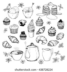 Tea Time set. Hand drawn illustration. It can be used for design menu or greeting cards, packaging