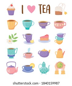 Tea Time Set Icons Teacup Kettle Cake Cupcake Lemon Flower Beverage Icons Vector Illustration