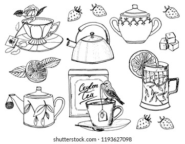 Tea time. Set of kettle. Natural organic product. farm products. trendy cute vector illustration. Engraved hand drawn line art Vintage old doodle sketch, ink. Vector illustration for label.