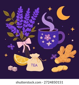 Juego de té con ramo de lavanda, taza humeante, jengibre, limón, cubitos de azúcar, bolsita de té, luna y estrellas. Para carteles, menús, pegatinas, Web
