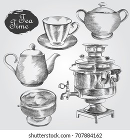 Tea time set with Mug, saucer, Sugar bowl, Samovar, Teapot and jam. Hand drawn kitchenware set.