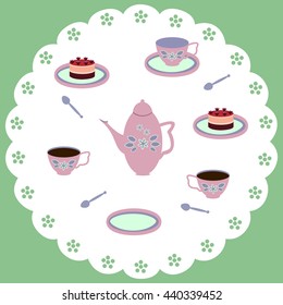 Tea time. Tea set on the round serviette. Vector card.
