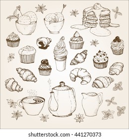 Tea Time set performed in vintage style. Hand drawn illustration. It can be used for design menu or greeting cards, packaging