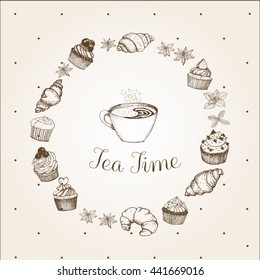 Tea Time set performed in vintage style. Hand drawn illustration. It can be used for design menu or greeting cards, packaging