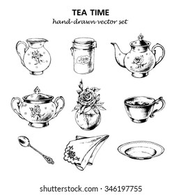 Tea time set with porcelain dishes and rose in glass vase. Hand-drawn vector set in sketch style.