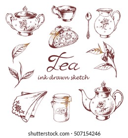 Tea time set with porcelain dishes and Tea leaves. Hand-drawn vintage vector set in sketch style.
