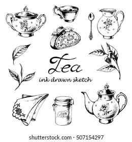 Tea time set with porcelain dishes and Tea leaves. Ink drawn retro vector set in sketch style. Black and white.
