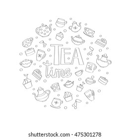 Tea Time set of tea pots, coffee cups, cakes, muffins, berries, snacks and desserts with lettering. Coloring book for adults and children.  Vector illustration. Isolated vector design elements.