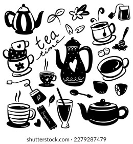 Tea time set silhouette doodle design elements