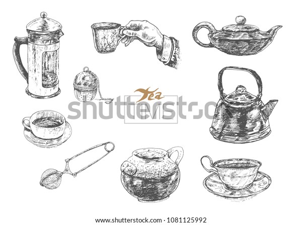 Tea Time Set Teacup Teapot Strainer Stock Vector (Royalty Free) 1081125992