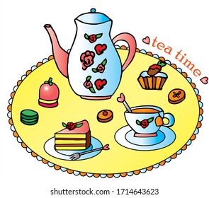 Tea time set, with teapot, tea cup, sweets and cake. Colored vector for card or gift. 