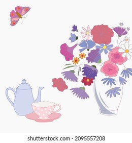 Tea time set with teapot, cup, bouquet of flowers, butterfly. Copy space. For garden tea party, poster, invitation.