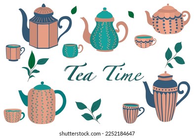 Tea Time set. Teapots and cups.