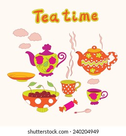 Tea time set. Teapots, cups, saucer, spoon, bowl with cherries and candy.