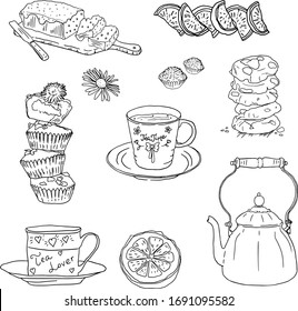 Tea Time Set With Ten Hand Drawn Vector Illustrations. Line art sweets, cake, cupcakes, truffles, cups and teapot. Lemon and cookies black and white transparent background. Food design. 