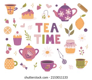 Tea time set of vector elements. Teapots, mugs, sweets in flat style. Breakfast, tea party