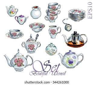 Tea Time Set. Vector hand drawn illustration. Collection utensil.