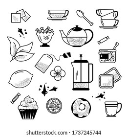 Tea time, a set of vector line drawings, can be used as icons. Black on white, isolated.