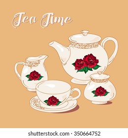 Tea Time and Tea Set in vintage style. Traditional english tea with floral dishware from rose. Vector