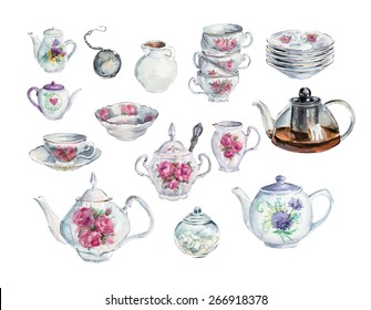 Tea Time Set. Water color hand drawn illustration. Collection utensil. Vector