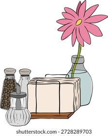Ilustração de configuração de tempo de chá Ilustração desenhada à mão de composição de café. Vetor gráfico linha tinta colorido arte. Caprichoso mão desenhado elementos de bebida quente com sobremesa em estilo risográfico bonito
