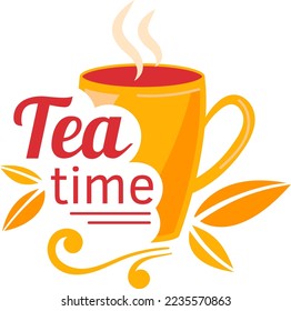 Tea time sign, hot beverage at graphic cup design, isolated on white vector illustration. Morning drink icon, breakfast element background.