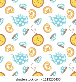 Tea time simple sketh drawn by hand seamless pattern in cartoon style with watch, cup, brezel, teapot, bakery. For wallpapers, web background, textile, wrapping, fabric, kids design.