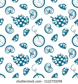 Tea time simple sketh drawn by hand seamless pattern in cartoon style with watch, cup, brezel, teapot, bakery. For wallpapers, web background, textile, wrapping, fabric, kids design.