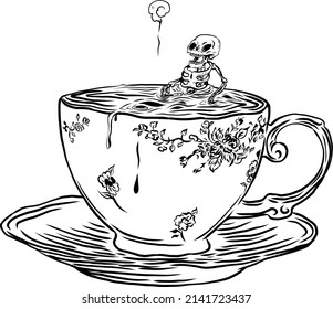 Tea time with skeleton in a cup
