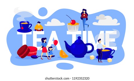 Tea time. Small people standing around giant cup of drink and dessert. Group of character making hot tea. Vector flat illustration
