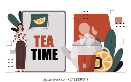 Tea time at smartphone concept. Woman with teapot with hot drink near cup with slice of lemon. Poster or banner. Comfort and coziness. Cartoon flat vector illustration isolated on white background